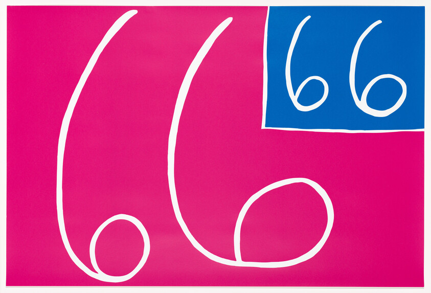 A vibrant graphic artwork featuring a hot pink background with abstract white lines forming looping shapes on the left and a smaller blue square in the upper right corner containing similar looping shapes in white.