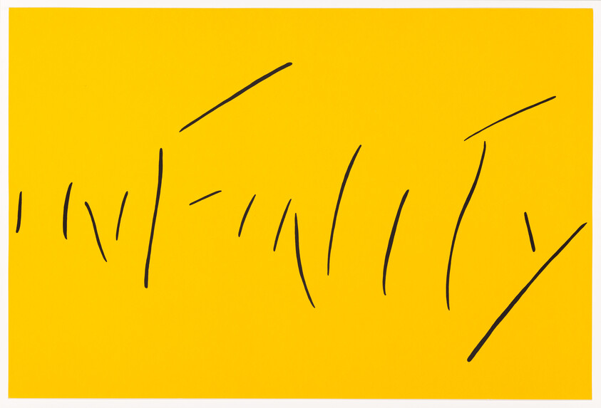 A vibrant yellow background with a series of black lines and marks scattered across the surface, creating an abstract composition.