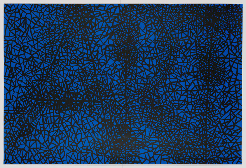 A digital abstract artwork featuring a dense network of irregular black lines over a gradient background that transitions from dark to light blue from top to bottom.