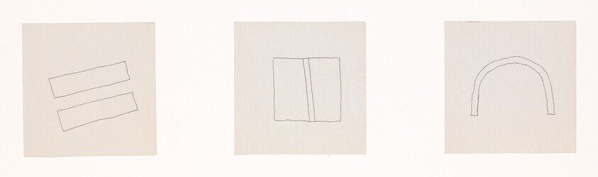 Three minimalist pencil sketches: two slanted bars, an open book, and a simple arch.