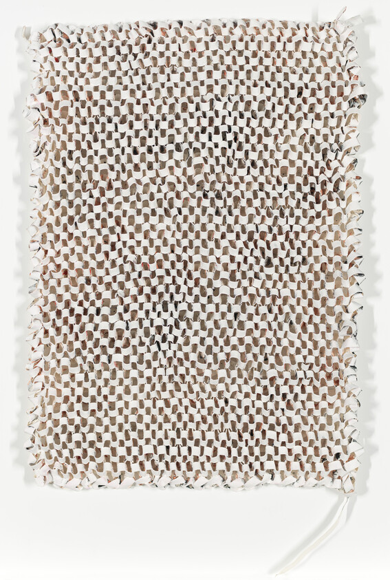 Rectangular woven beige and white rug with loose fringe and a tied white cord.