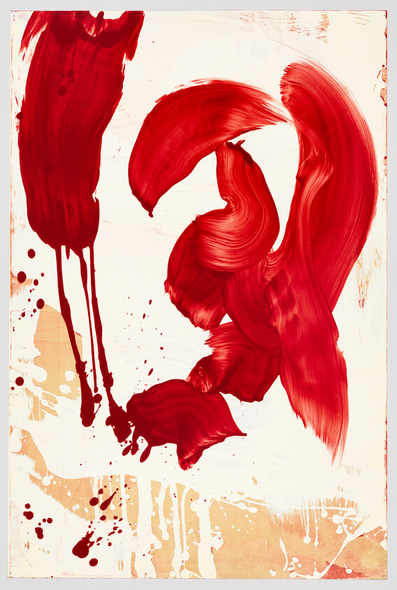 Bold red paint strokes and dripping splatters dominate a pale beige and white canvas.