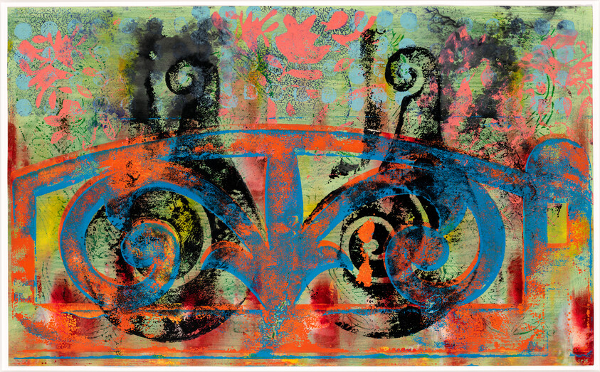 Bright abstract painting of ornamental scrollwork in blue and orange over a floral background.