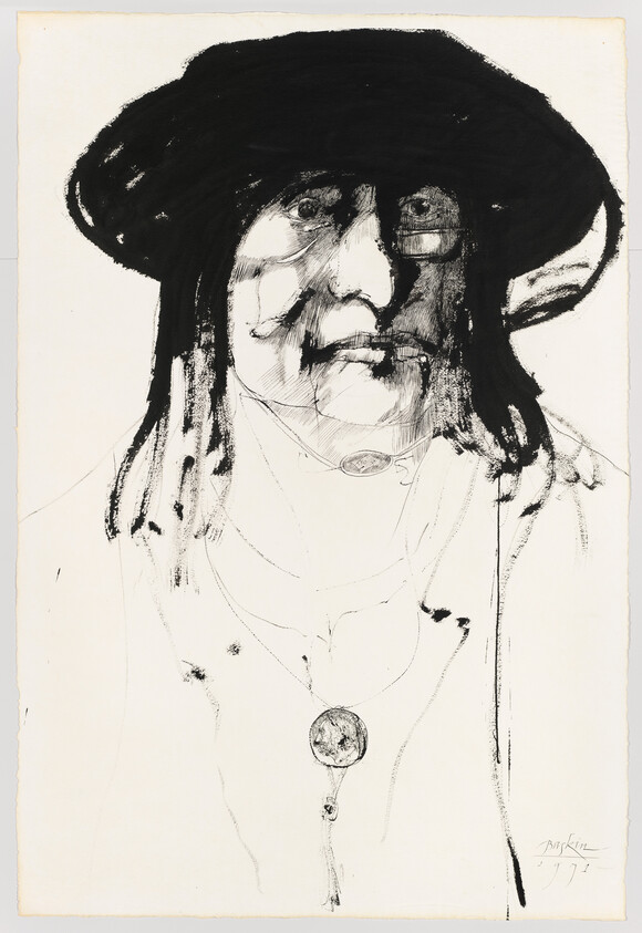Elderly person wearing a wide hat and round pendant, sketched in loose black ink.