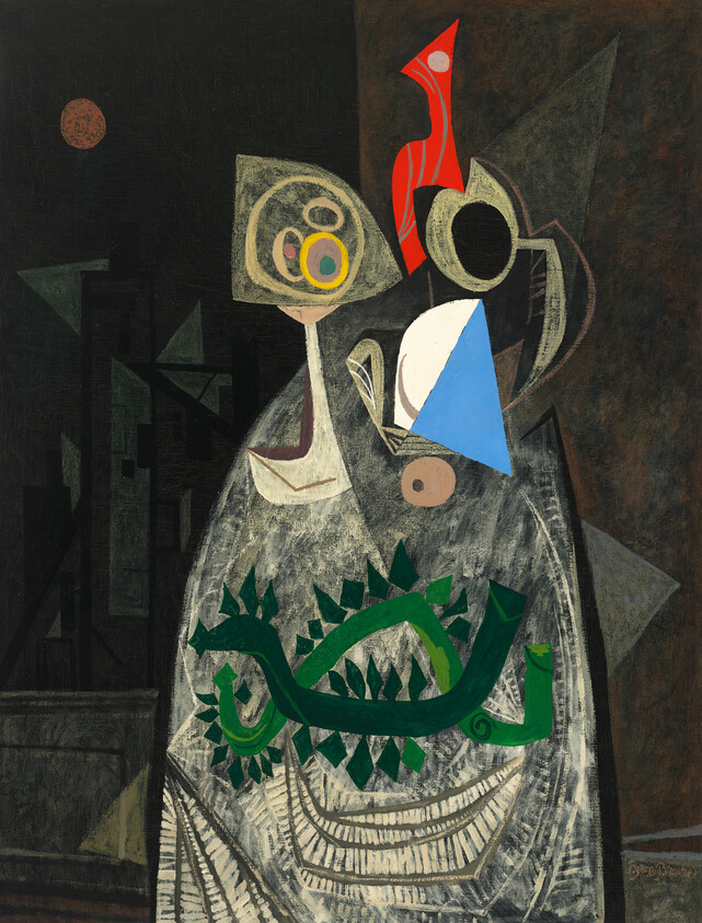 A tall abstract figure draped in a patterned cloak with a green serpent motif against a dark background.