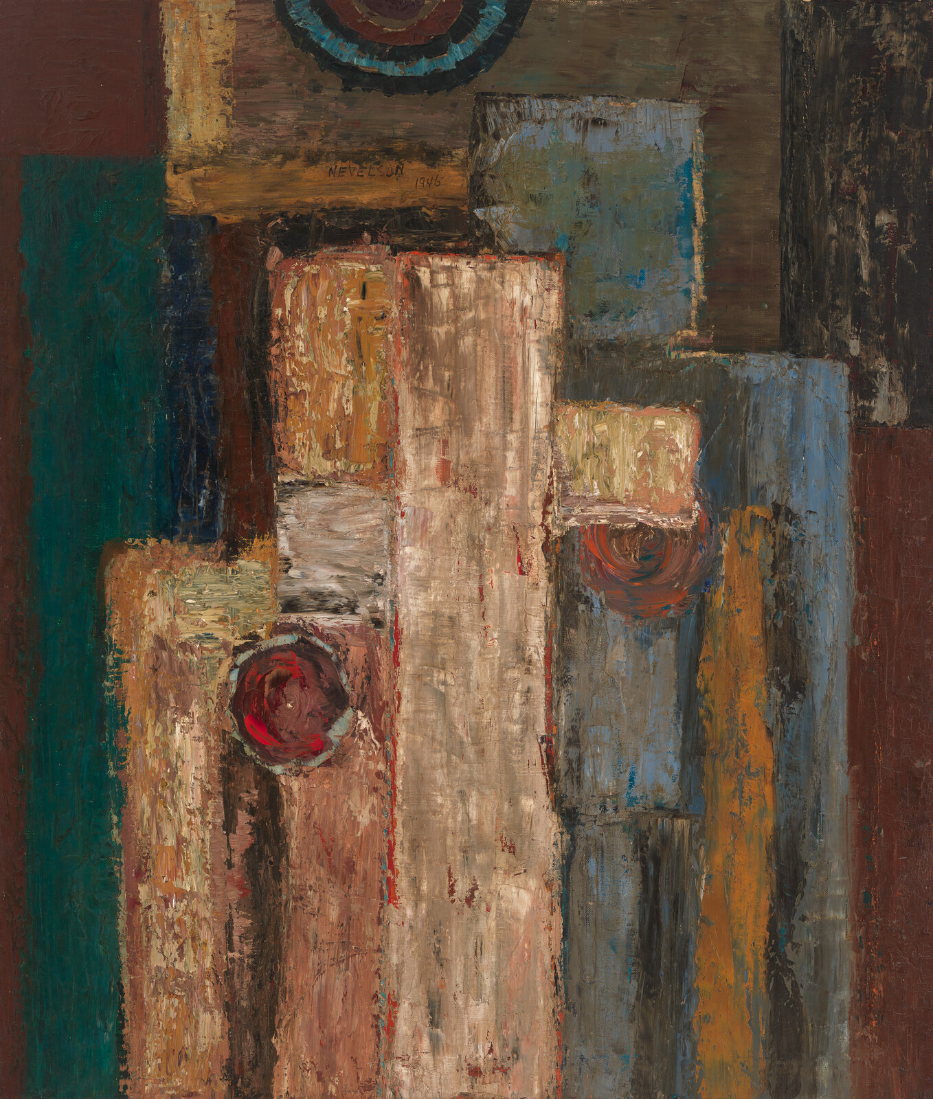 Abstract painting of layered vertical textured panels with two reddish circular marks and muted colors.