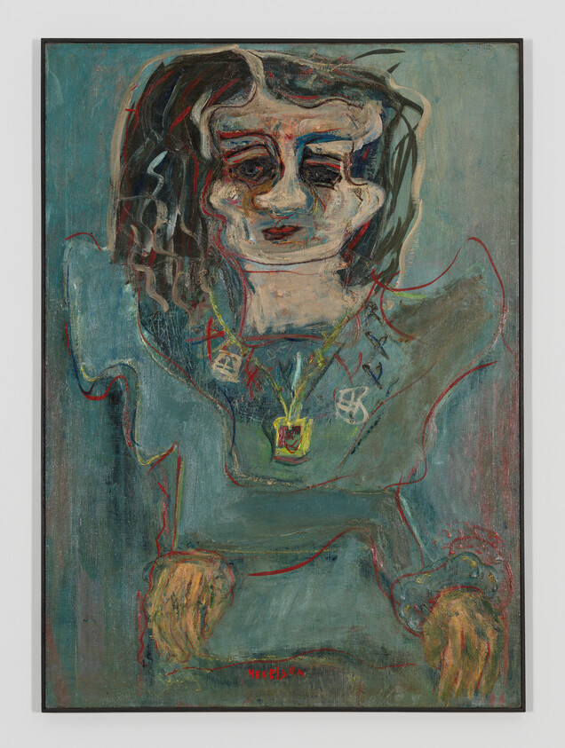 Abstract painting of a person with long dark hair, wearing a blue shirt and necklace, with distorted facial features.