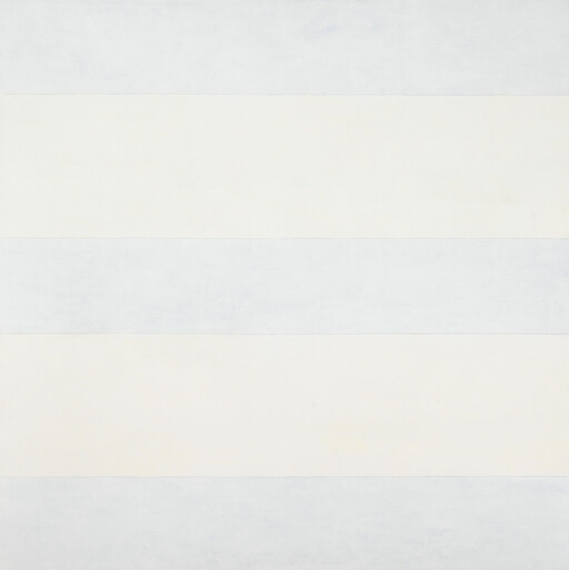 Broad horizontal pale gray and off-white stripes fill the square canvas, creating subtle bands.