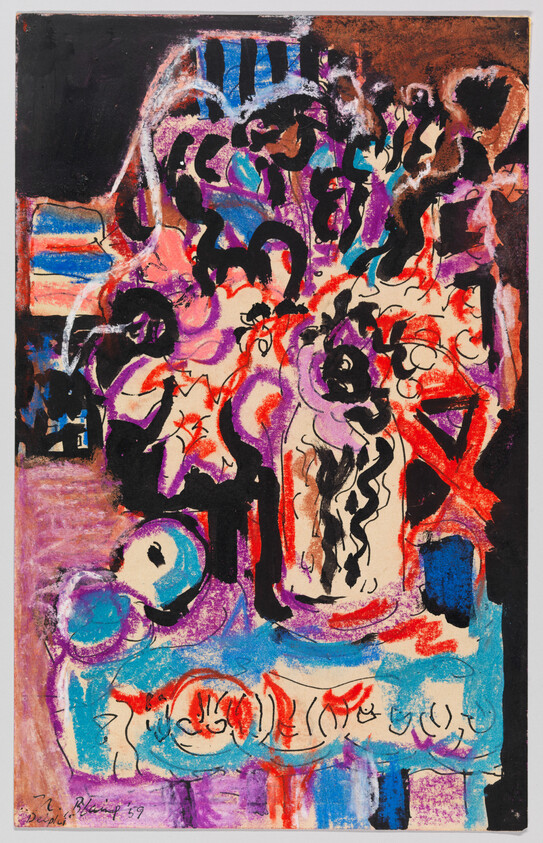 A colorful abstract painting showing a vase of flowers on a patterned table.