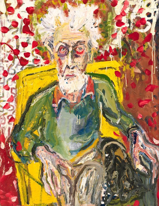 Elderly white-haired man with beard sits in a yellow chair amid bold colorful brushstrokes.