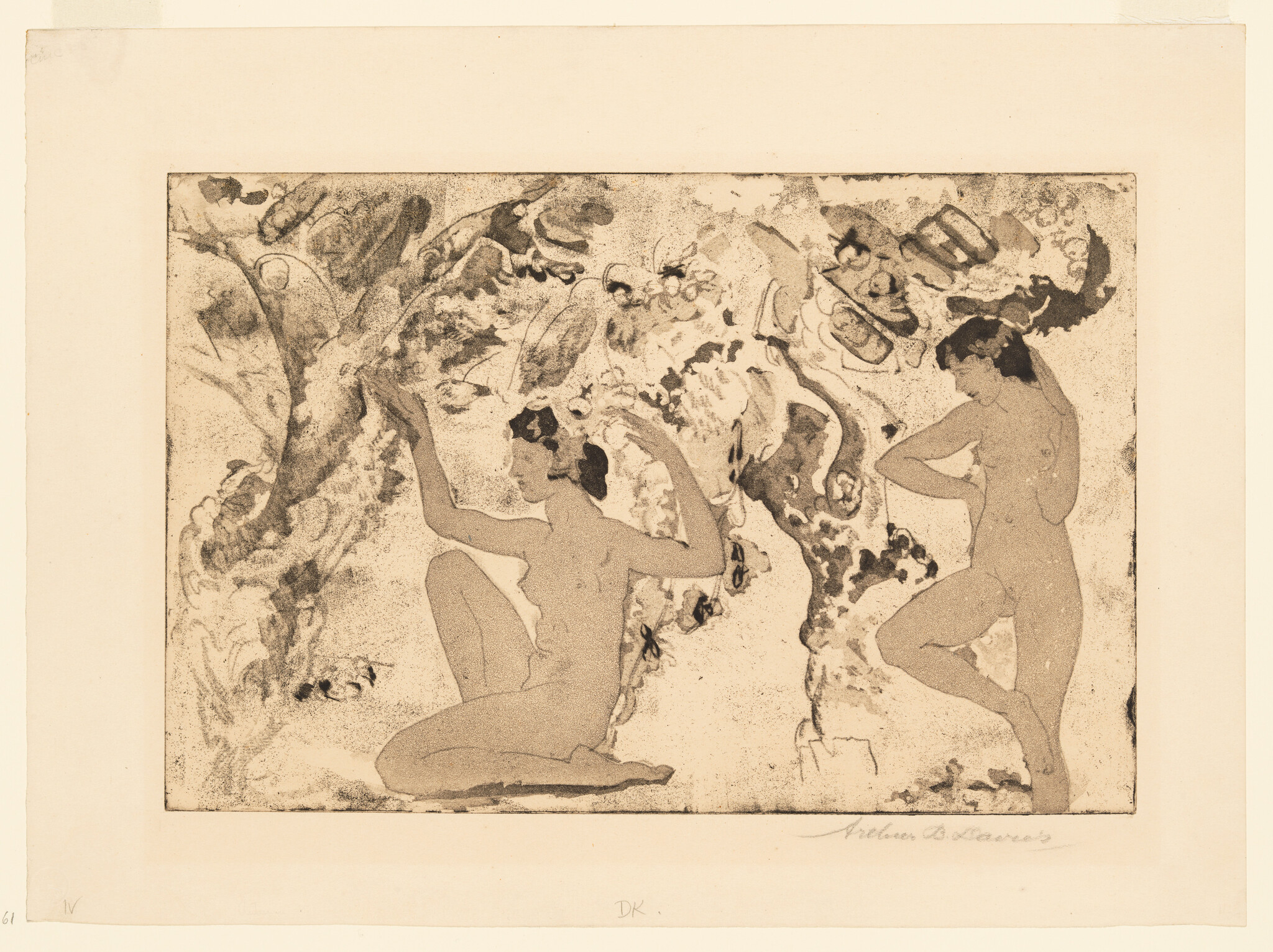 Two nude women pose among swirling foliage, one kneeling with raised arms and one standing.
