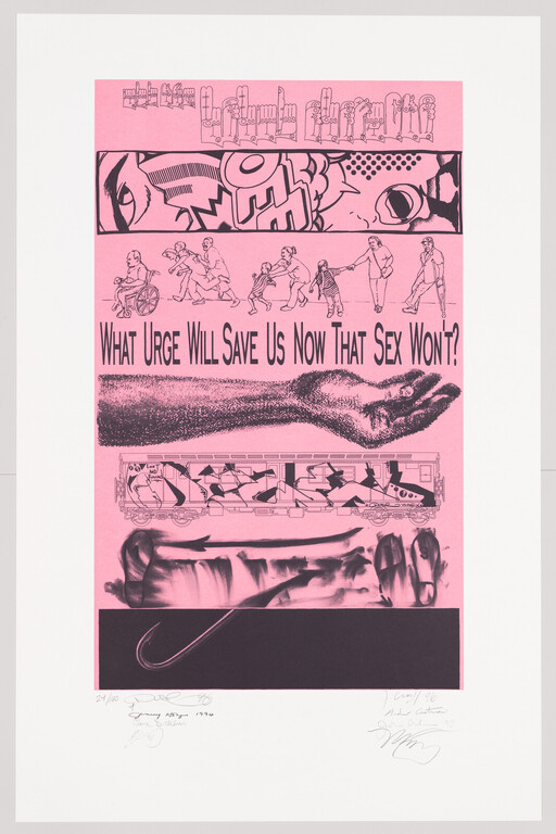 A pink poster asks, "What urge will save us now that sex won't?" with hand and figures.