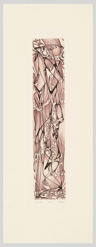 Abstract etching with intertwined linear forms and shapes on a vertical rectangle, signed by the artist at the bottom.