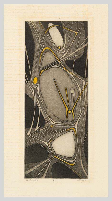 Abstract vertical composition with organic gray shapes connected by thin yellow lines and small yellow dots.