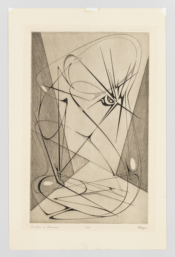 A black and white abstract etching featuring a complex arrangement of lines and shapes that suggest a distorted figure or face. The artwork is signed at the bottom with the text "Gordon Onslow" on the left and "Moore" on the right, with the edition number "1/30" in the center. The paper shows signs of aging and has tape residue on the top corners.