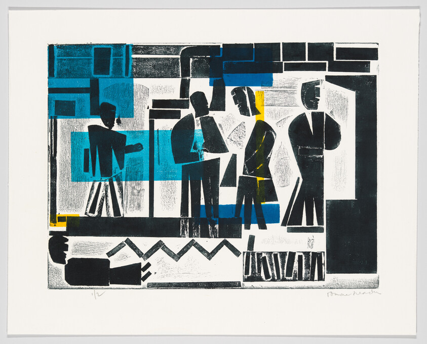 Stylized figures stand and converse amid blue and yellow geometric blocks in a modern print.