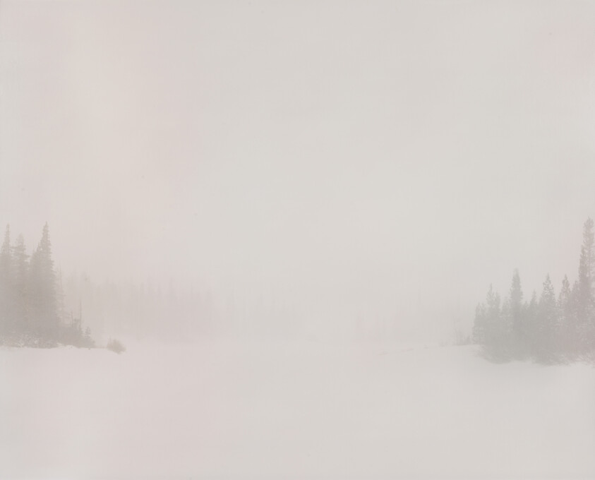 A snow-covered landscape with evergreen trees faintly visible through heavy fog.