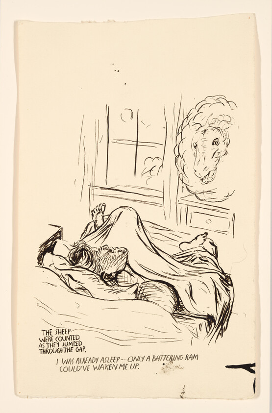 A man sleeps in bed while a ghostly ram head appears at the window, implying a battering ram.