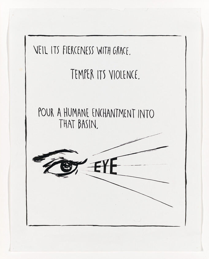 A drawn eye with radiating lines beside text instructing to veil its fierceness and temper its violence.