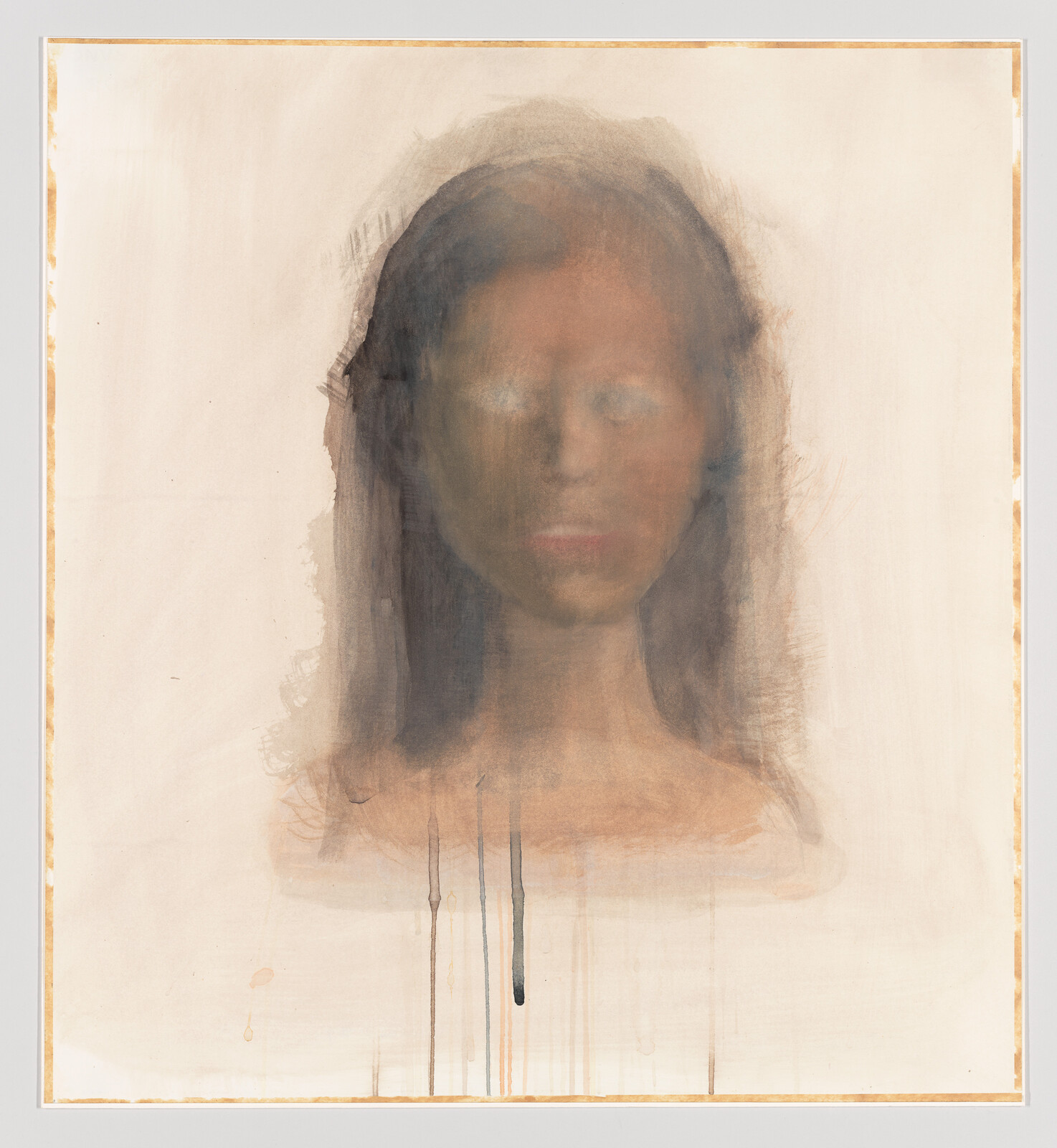 Soft, blurred painting of a woman's head and shoulders with paint drips below.