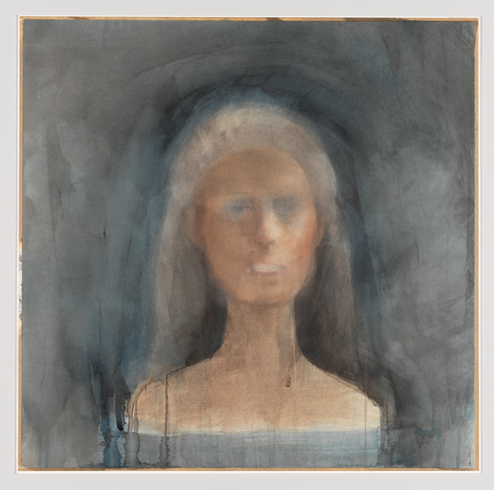 Blurred portrait of a woman with long hair and bare shoulders in muted grays and blues.