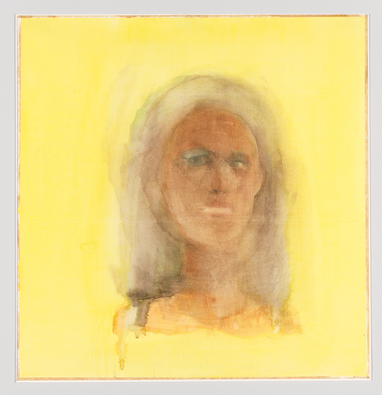 A soft, blurred portrait of a woman's face painted against a bright yellow background.