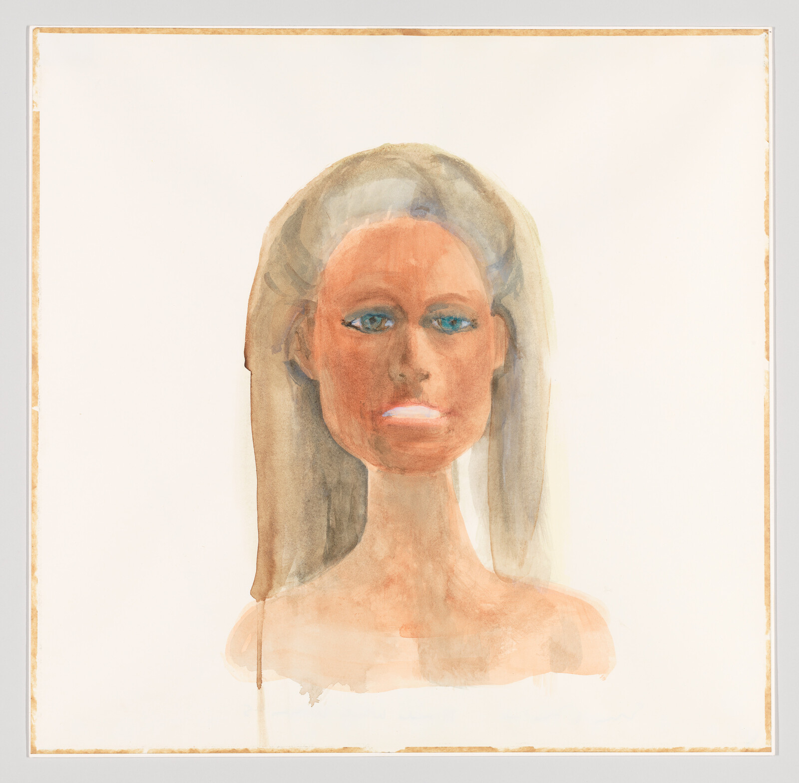 A loose watercolor portrait of a woman with long hair and blue eyes against a blank background.