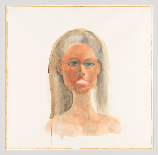 A loose watercolor portrait of a woman with long hair and blue eyes against a blank background.