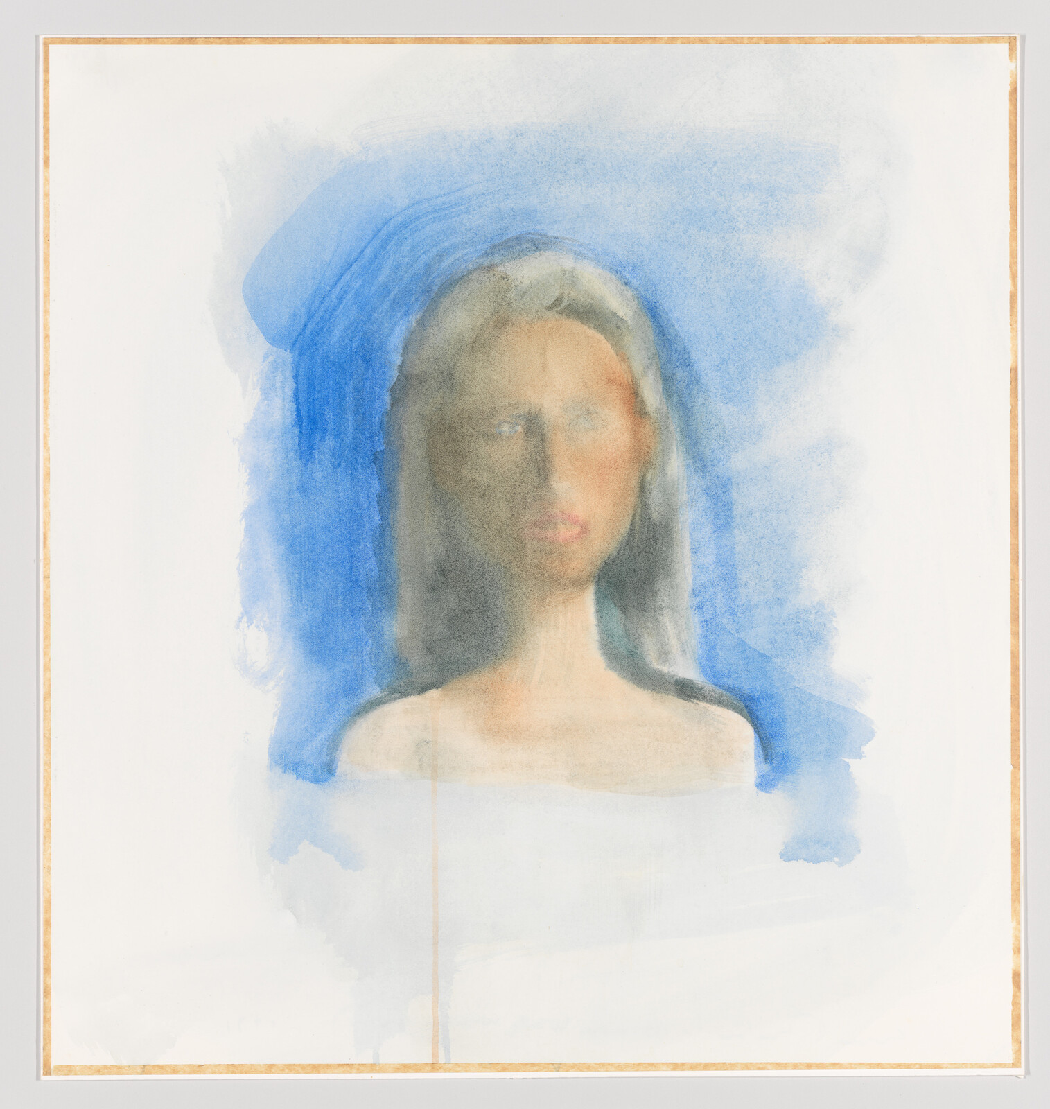 A softly blurred portrait of a woman with long hair against a blue watercolor background.