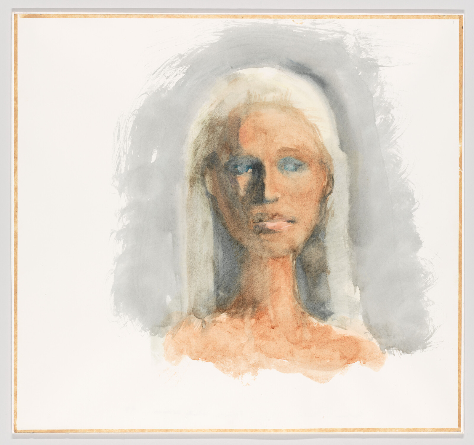 Watercolor portrait of a woman with long pale hair and a calm expression.
