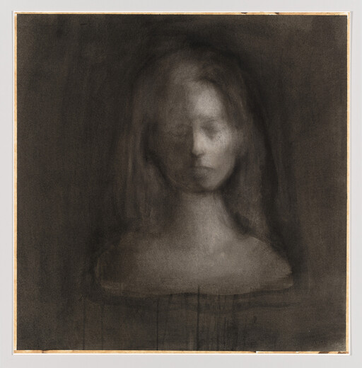 A softly blurred charcoal portrait of a woman with closed eyes and bowed head.