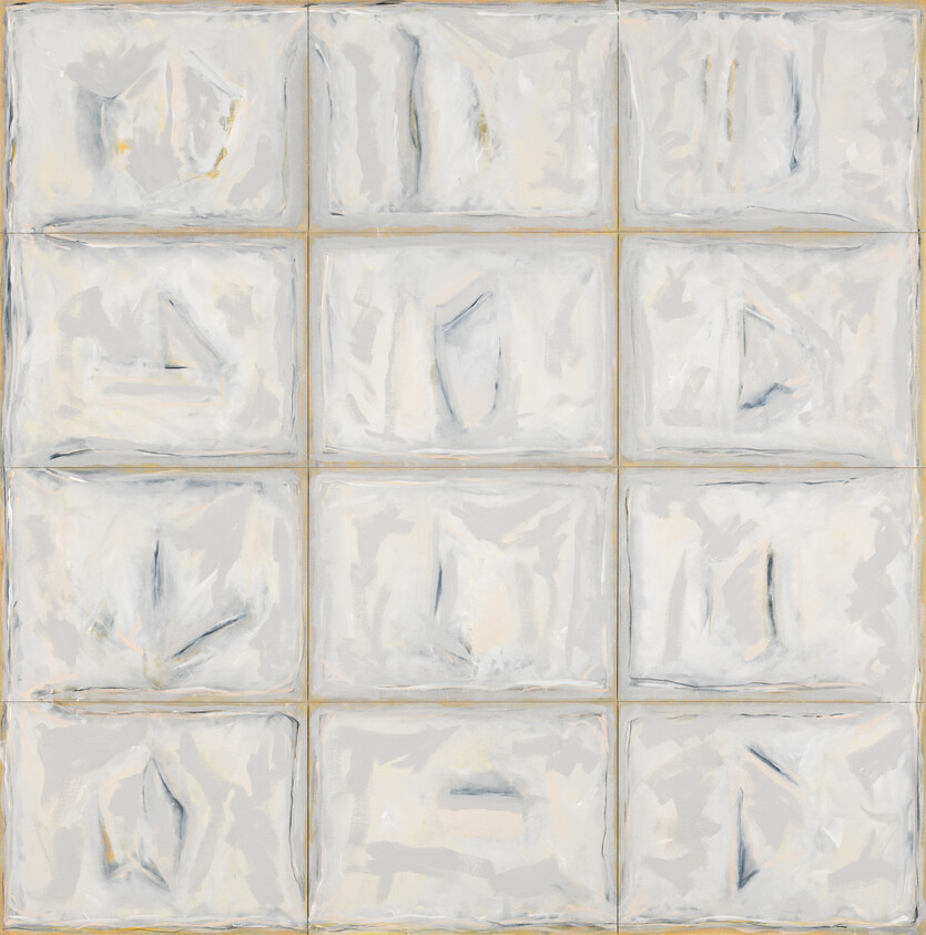 A grid of twelve square panels painted in a monochromatic scheme with abstract, textured brushstrokes in shades of white, gray, and subtle yellow, each square bordered by thin lines, suggesting a minimalist or abstract expressionist style.