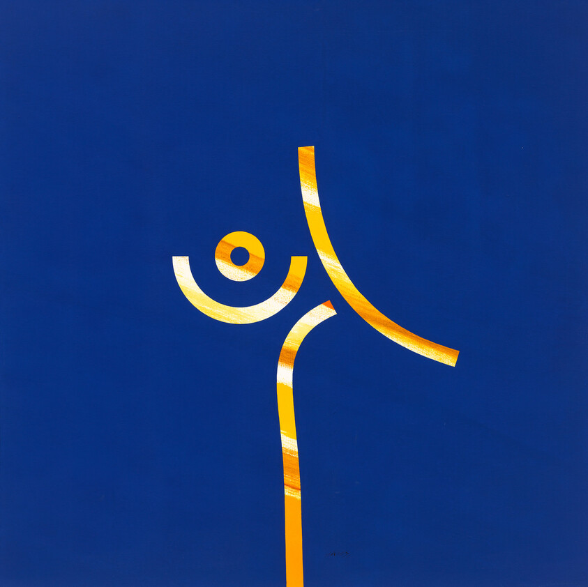 Yellow curved shapes form a minimalist abstract figure against a solid deep blue background.