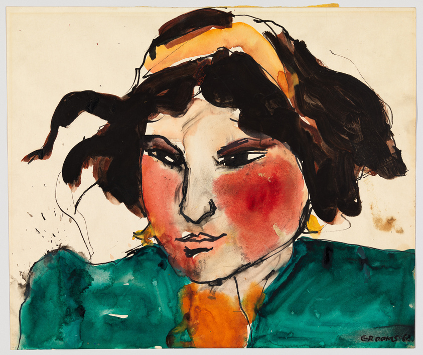 A watercolor and ink portrait of a stylized woman with prominent red cheeks and dark hair, wearing a green garment and an orange headpiece. The brushstrokes are loose and expressive, and the artist's signature is visible in the lower right corner.