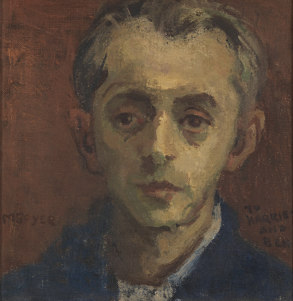 Portrait of a young man with a neutral expression and muted, earthy colors.