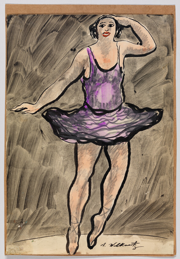 Ballet dancer in a purple tutu balancing on pointe with one arm raised.