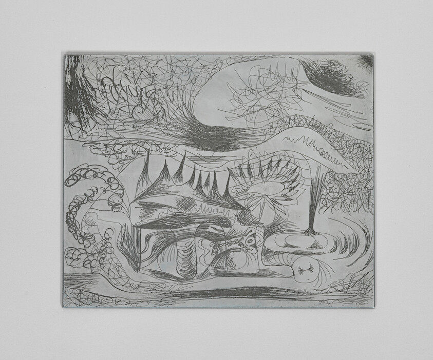 Abstract black-and-white drawing with swirling lines, plant-like shapes, and several circular forms.