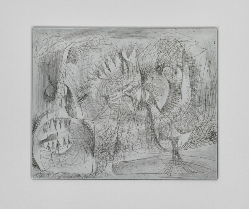 Abstract pencil drawing showing a jagged-toothed face, sunburst shape, and a small tree amid scribbles.