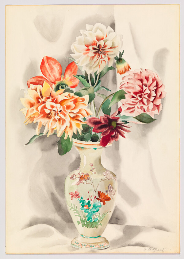A porcelain vase decorated with painted flowers holds a bouquet of large colorful dahlias.
