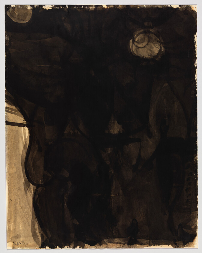 Large dark abstract painting with smoky black forms and two faint circular light spots.