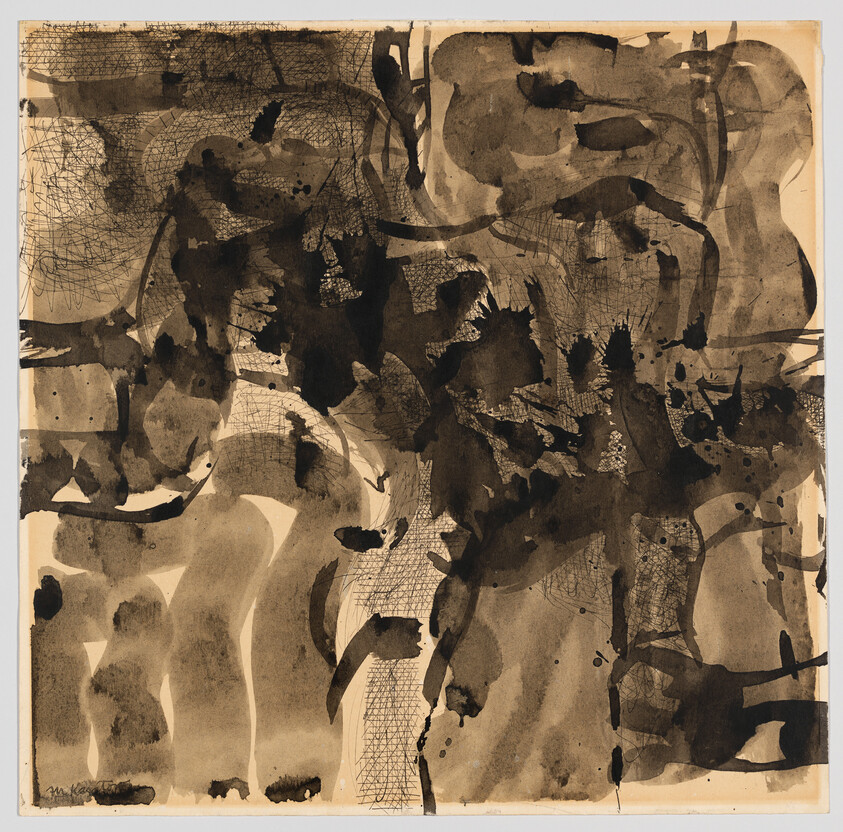 Abstract ink wash with dark overlapping shapes and fine crosshatch textures.