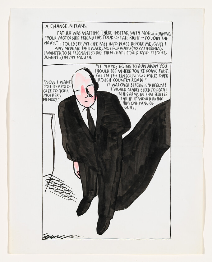 Bald man in dark suit leaning forward inside comic-style panel with handwritten narrative text above.