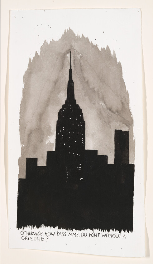 Black ink silhouette of a city skyline with a tall spired building against gray wash.