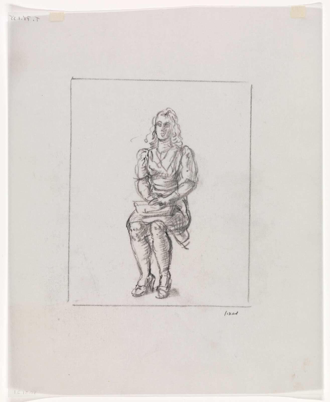 A pencil sketch of a seated woman in a dress with hands clasped on her lap.