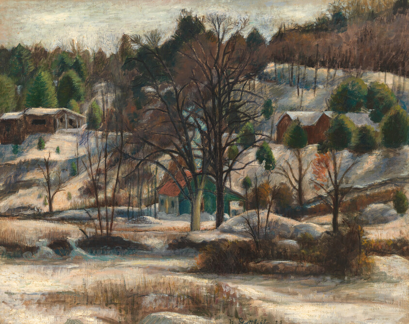 A snowy hillside with leafless trees surrounding small houses and barns in winter.