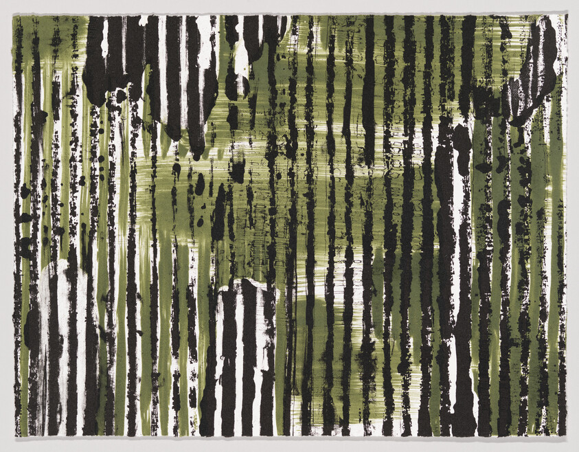 Vertical black and olive-green paint stripes and drips create a textured abstract pattern on paper.