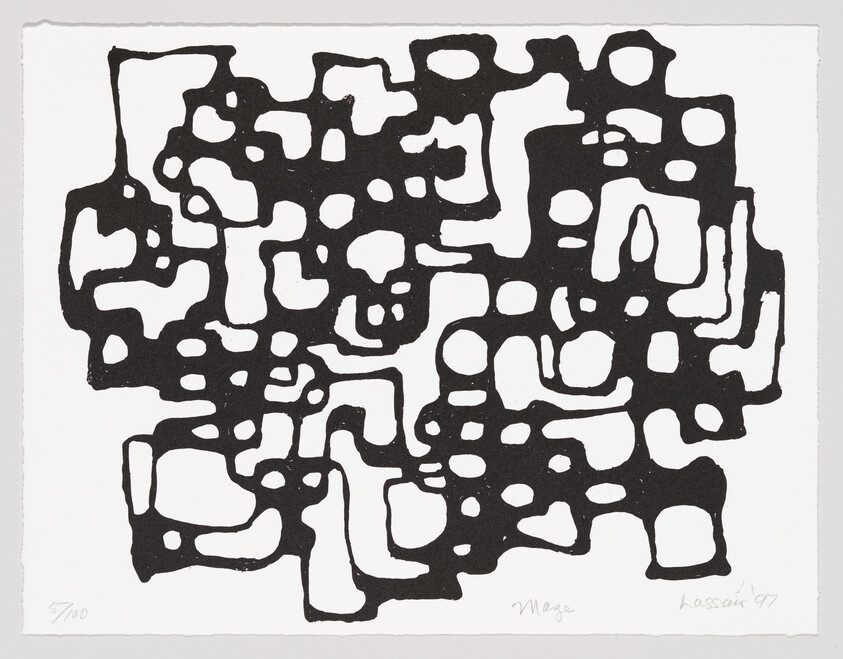 Abstract black maze-like network of rounded interconnected shapes on a white background.