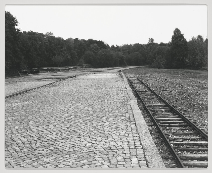 A black and white photograph depicting a set of railway tracks running alongside a paved area with cobblestones, surrounded by a grassy field and trees in the background. The tracks curve gently to the right in the distance.