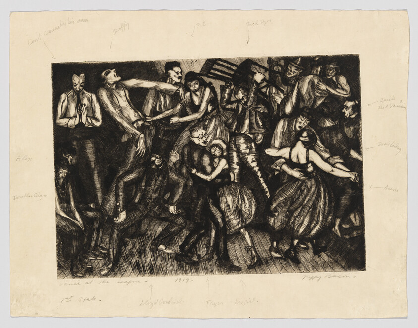 A crowded, energetic dance floor with people twisting, embracing, and reaching in frantic motion.