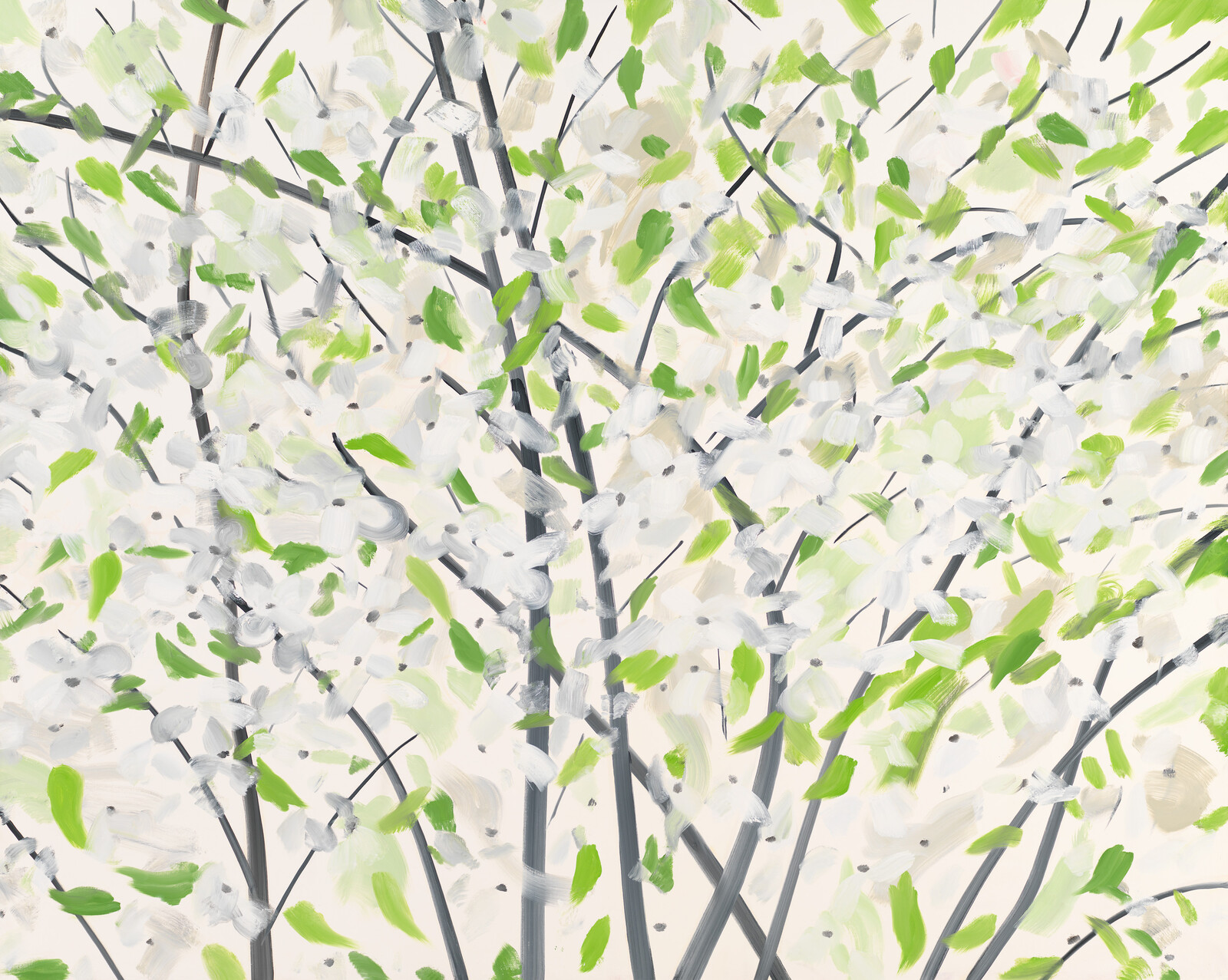 Branches filled with white blossoms and bright green leaves against a light background.